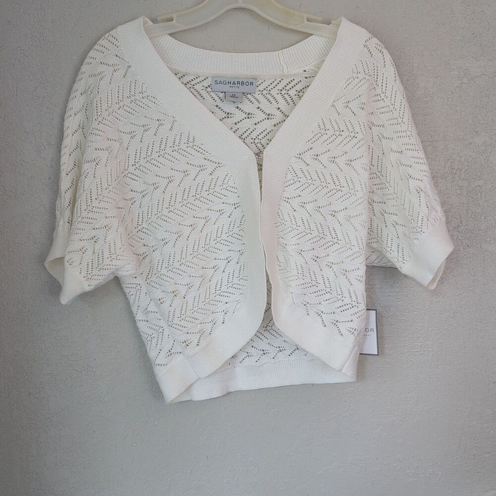 Sag Harbor Cardigan S Petite White Short Sleeve Front Clasp Open Fisherman Weave